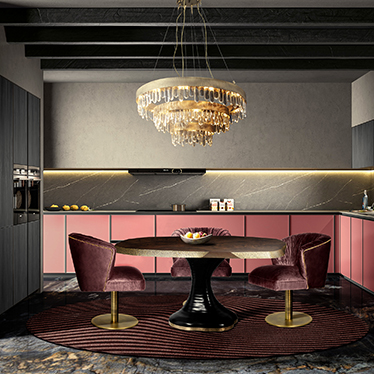 PLATEAU II DINING TABLE, NUKA ARMCHAIR, ARUNA WALL LIGHT, NAICCA CHANDELIER